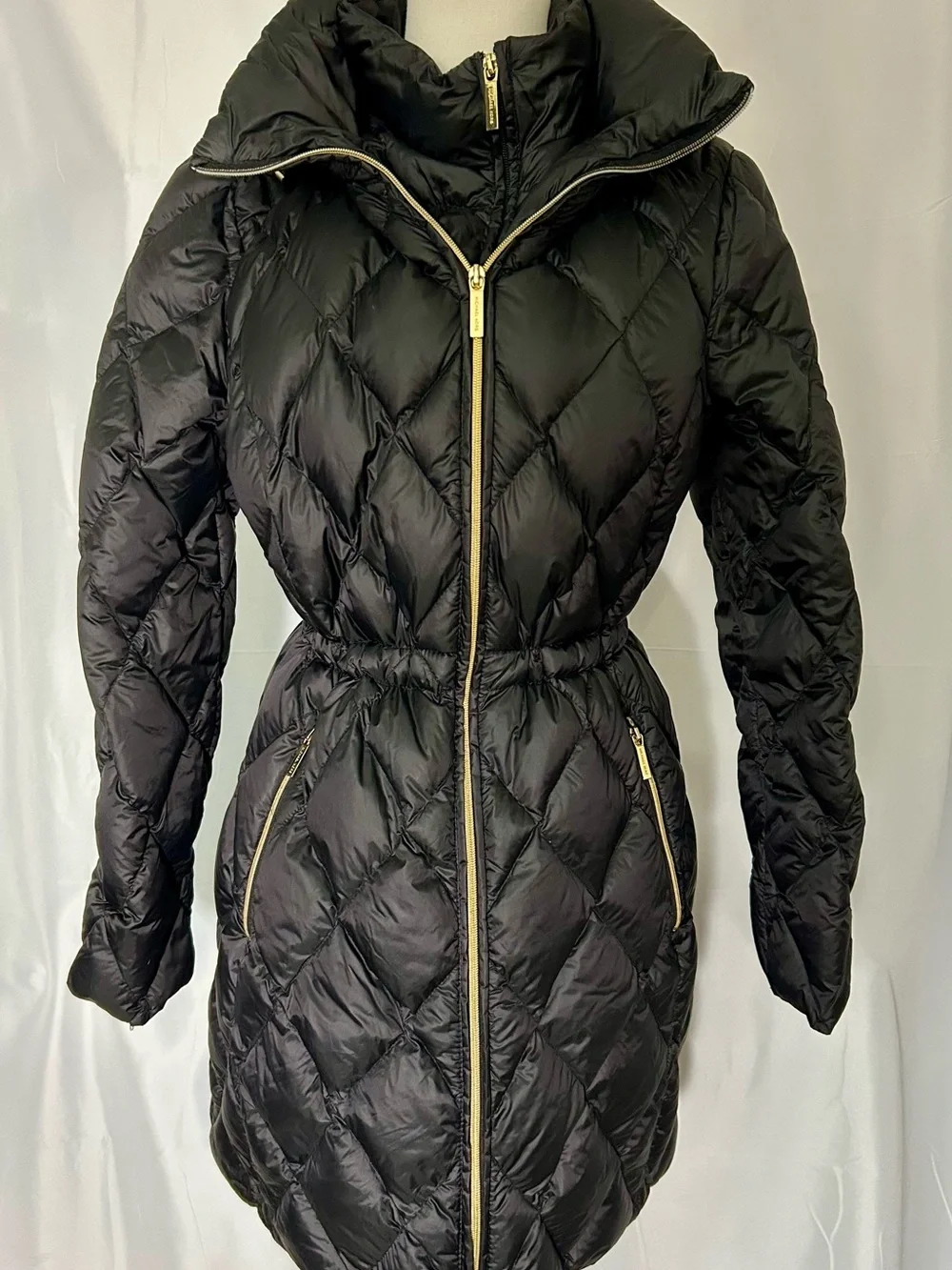Michael Kors Black Diamond Quilted Down Puffer Coat Petite Large Hooded Fitted